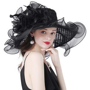 Women's Organza Derby Church Hat Fascinator Clip Sequin Dots Wide Brim 9556